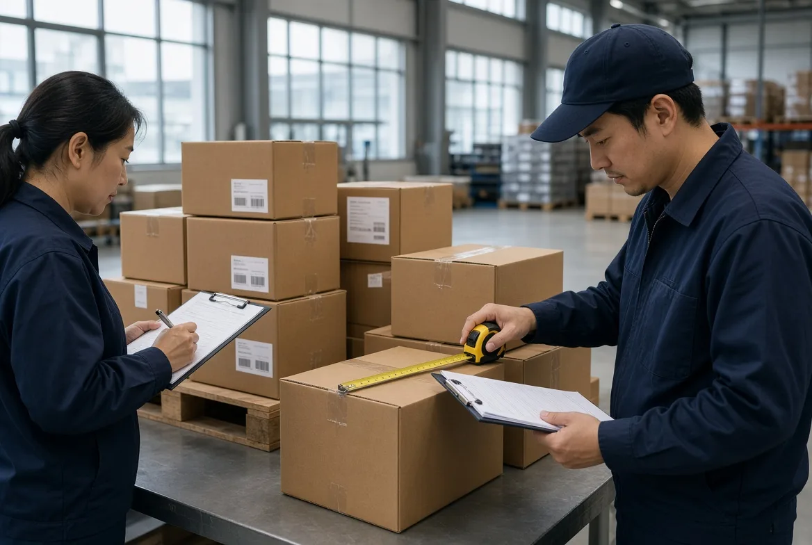 Two warehouse staff measuring a carton with a tape measure and recording the result on a clipboard