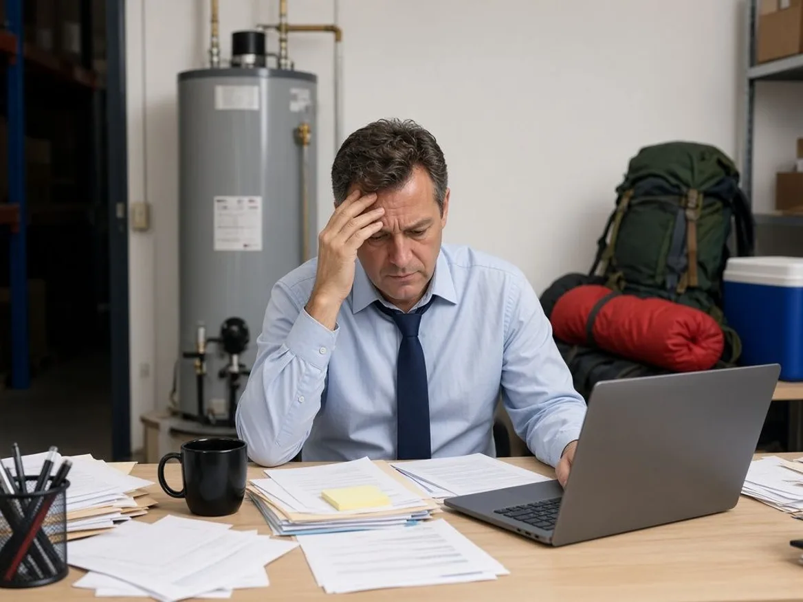 A supply chain planner at a cluttered desk with paperwork, a laptop and a water heater behind him