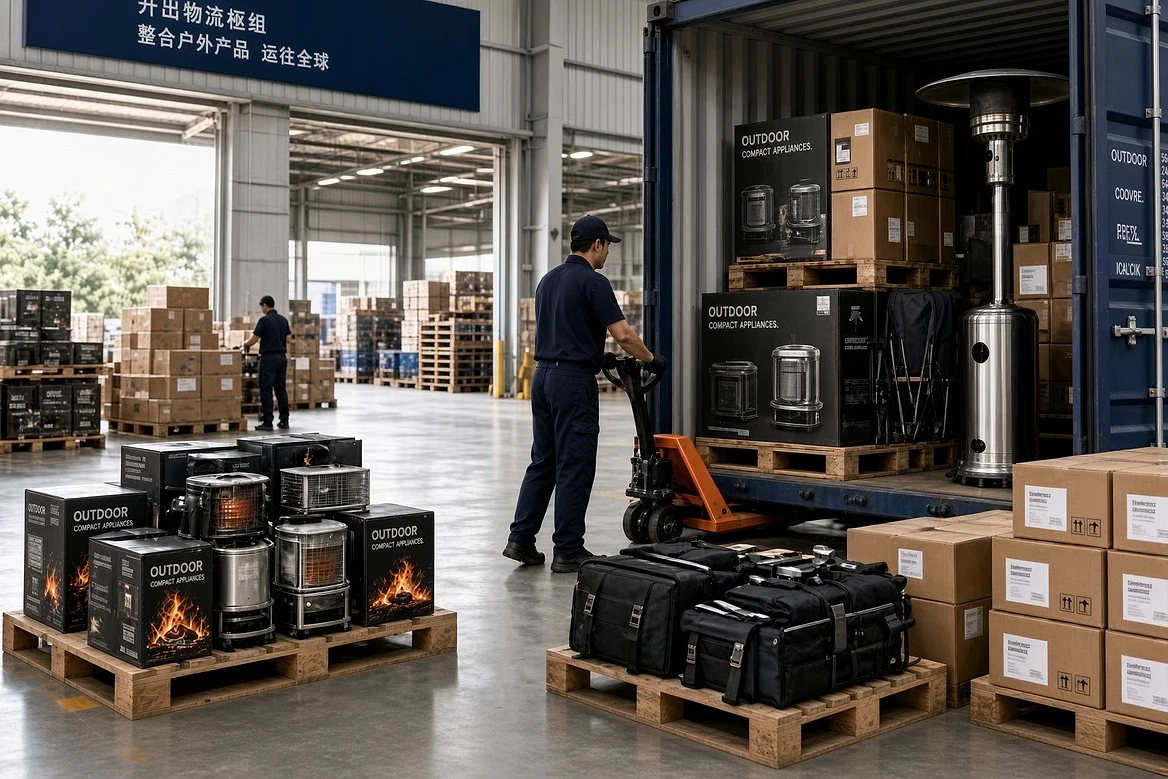 A forklift loading branded outdoor water heater cartons into a shipping container at the Foshan logistics hub