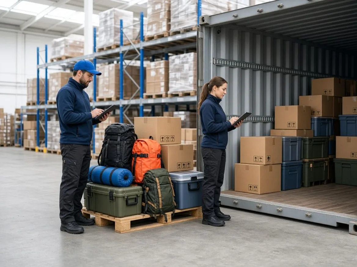 Two logistics hub staff with tablets checking a container bay and a pallet of packed outdoor water heaters