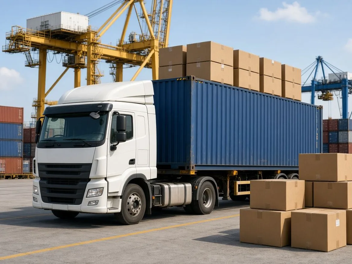A container truck at the port with gantry cranes and stacked water heater cartons alongside
