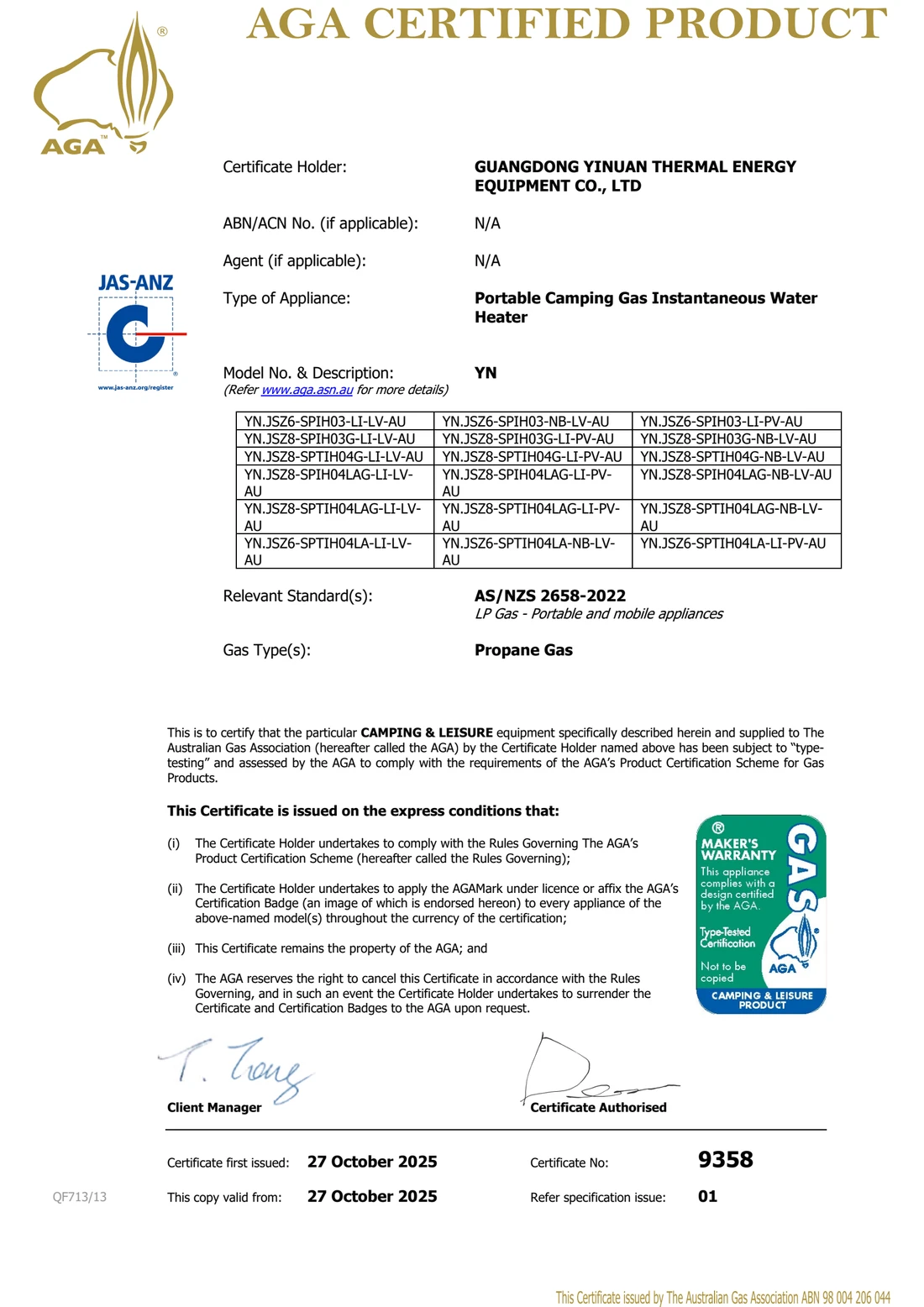 AGA certificate 9358 page one, listing the certificate holder, the model table and the standard AS/NZS 2658-2022