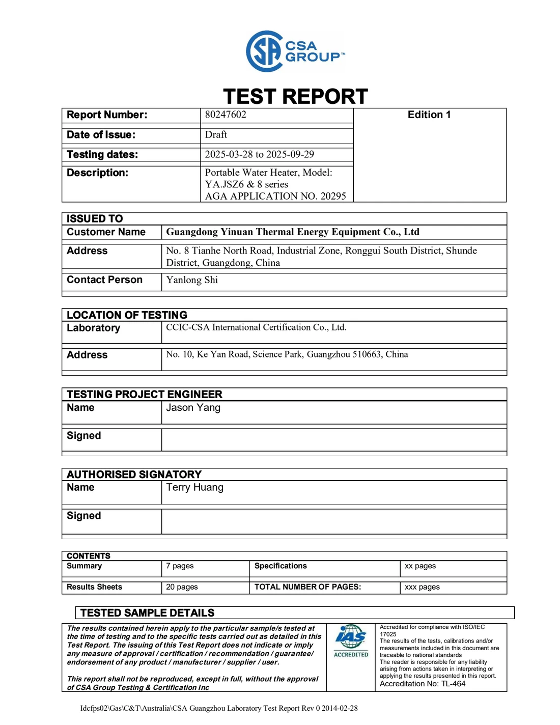 Laboratory test report 80247602 cover page from CCIC-CSA International Certification in Guangzhou