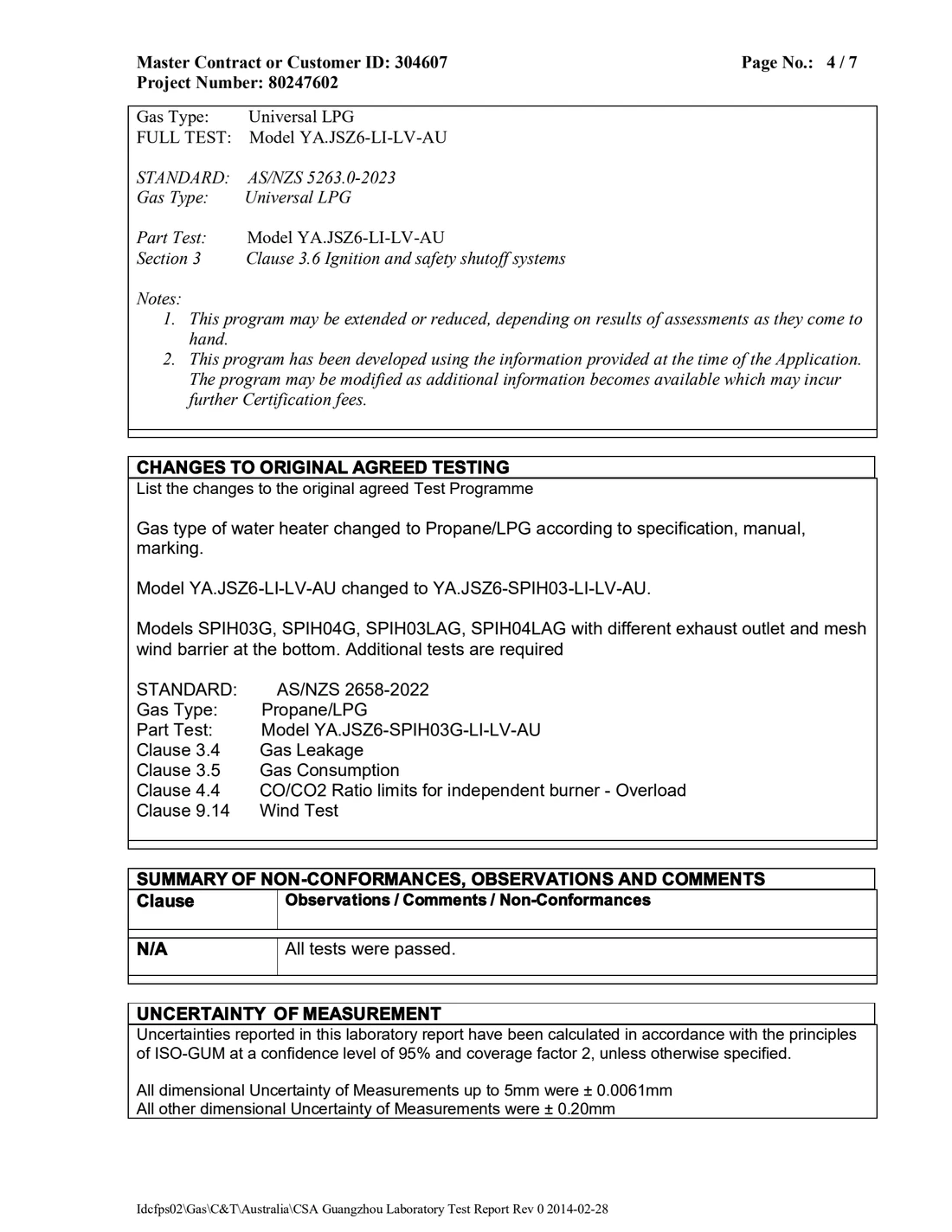 Page four of test report 80247602, listing the test programme, the standards and the sample modification
