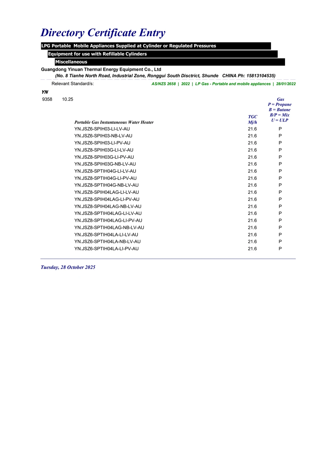 The published entry in the AGA Directory of Certified Products, listing each model and its rating