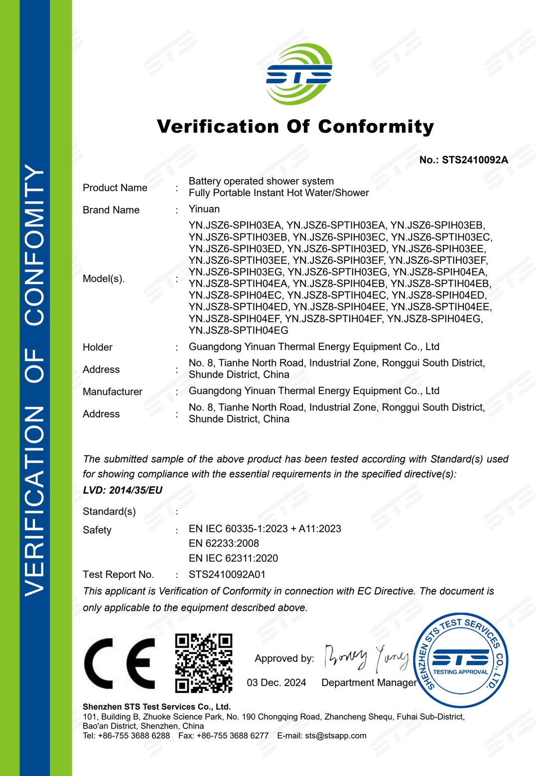 CE Verification of Conformity STS2410092A listing the covered models and the Low Voltage Directive 2014/35/EU
