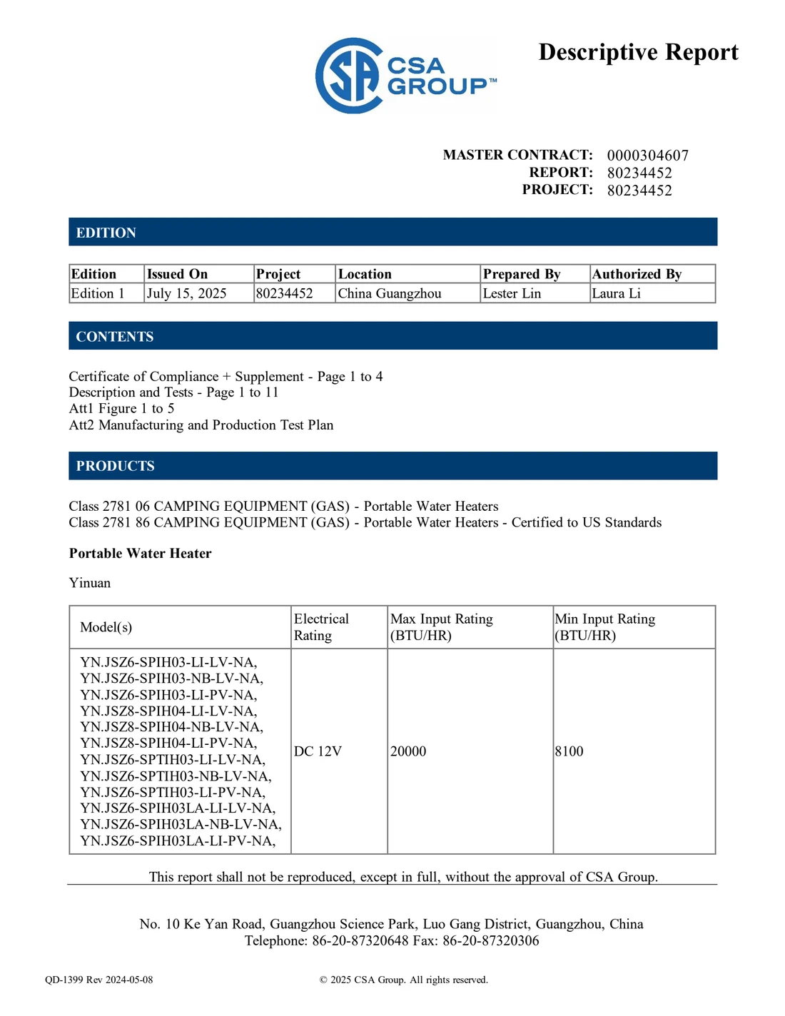 Descriptive report 80234452 from CSA Group, covering portable water heaters for outdoor use