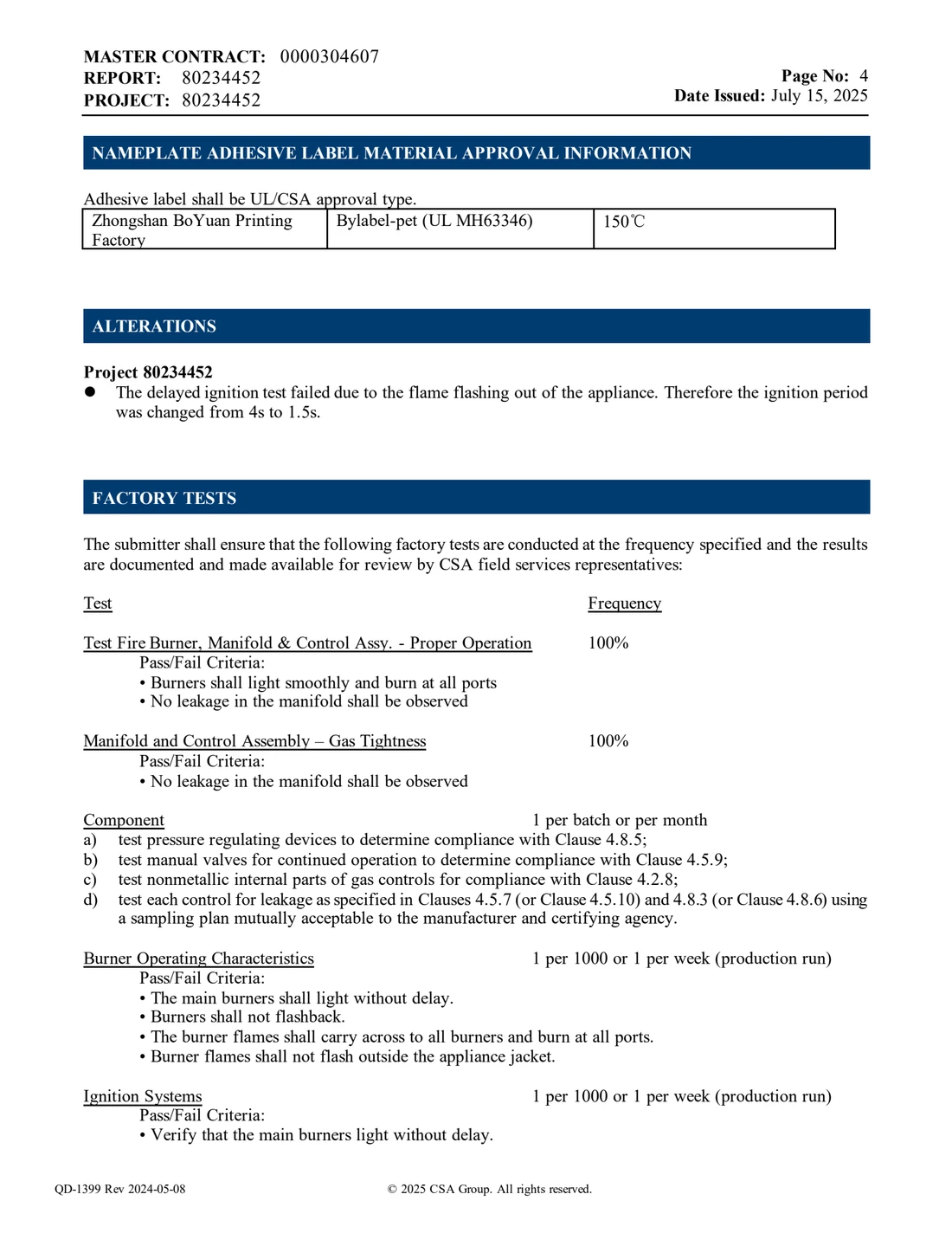 Page four of report 80234452, recording the ignition-period alteration and the production test plan