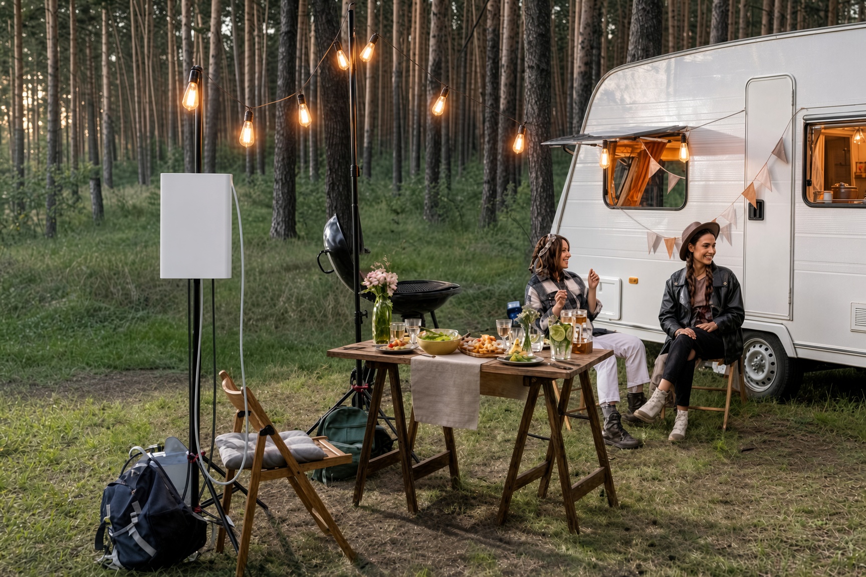 Off-grid camp kitchen beside a caravan with a Gulfstone portable water heater