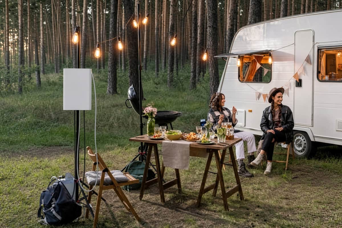 Off-grid camp kitchen beside a caravan with a Gulfstone portable water heater