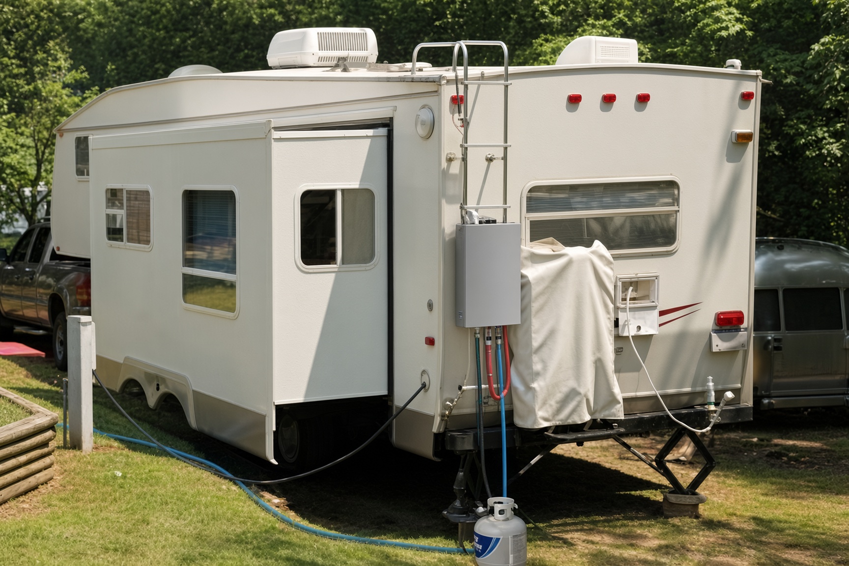 RV with an externally mounted Gulfstone water heater and propane supply