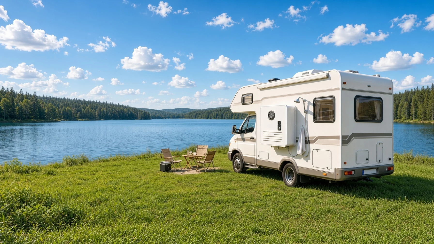 Gulfstone outdoor portable water heater on a motorhome by a lakeside campsite