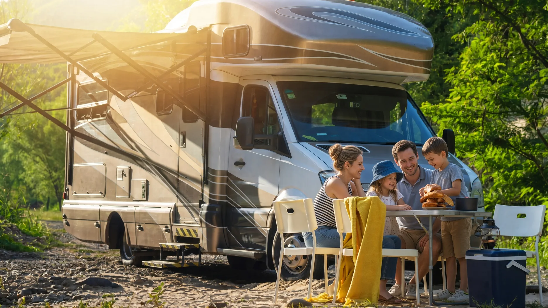 A family at the table beside their motorhome on a forest pitch — the off-grid setting the Gulfstone kits are packed for