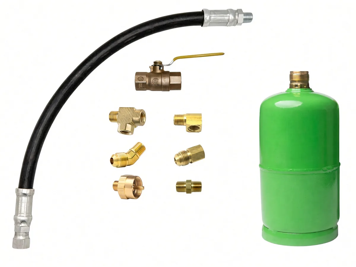 A regulator with the conversion adapter fitted, standing beside a 1 lb propane canister
