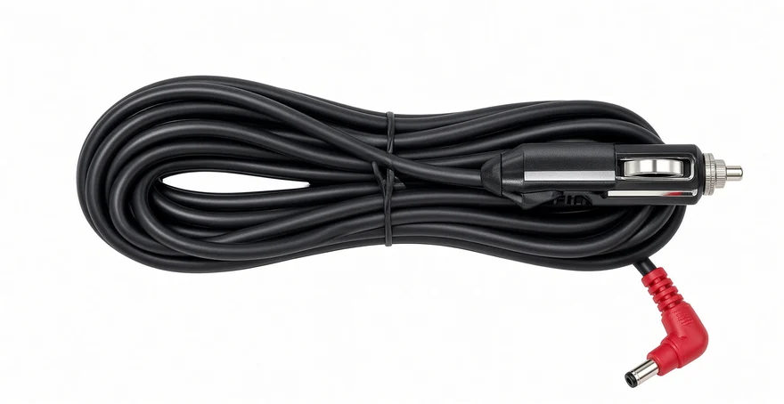 Coiled charging cable with a cigarette-lighter plug at one end and a small two-pin connector and red lead at the other