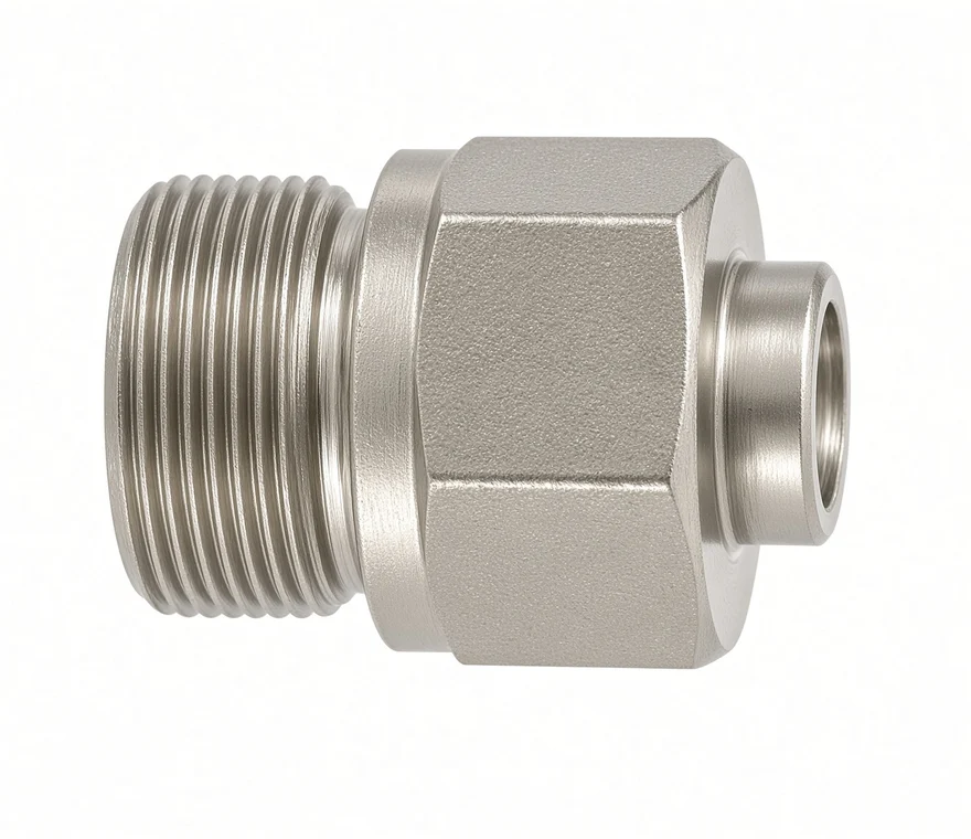 Gas cylinder adapter: a machined metal body with a threaded spigot at each end