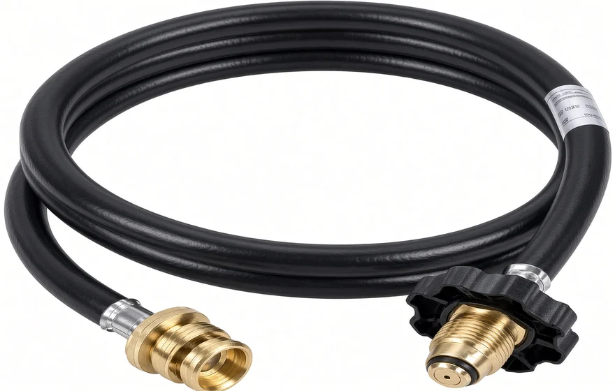 Two gas hoses coiled, each with a brass cylinder fitting on one end