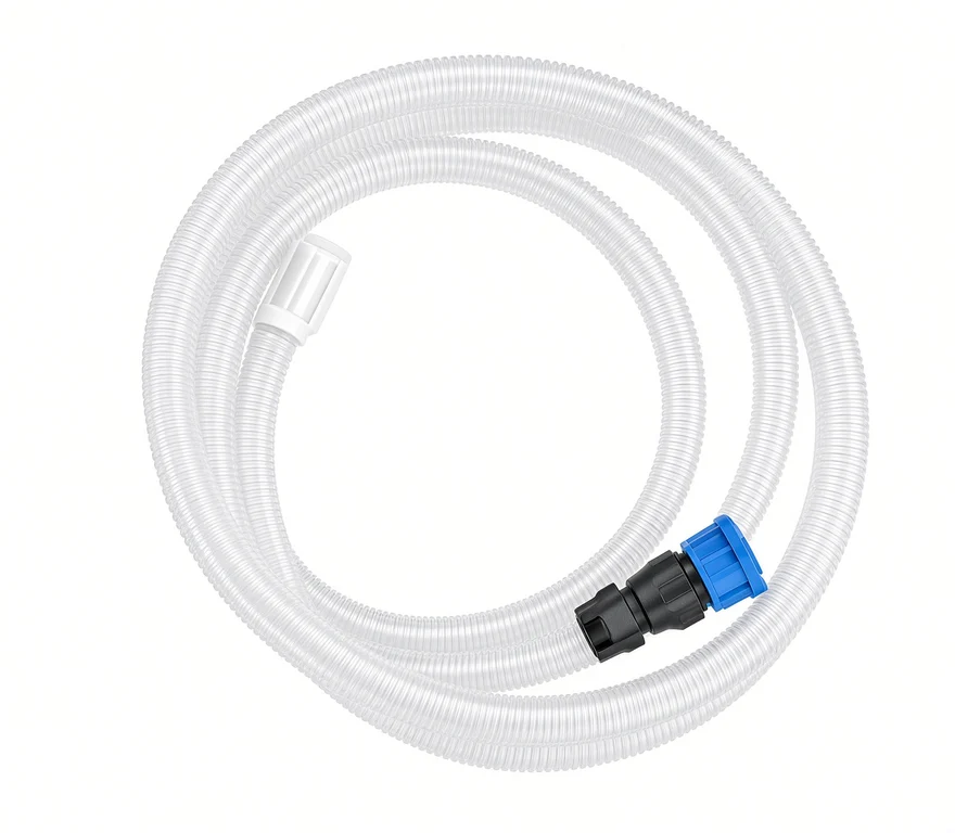 Silicone water-outlet hose with a blue self-locking quick-connect at one end