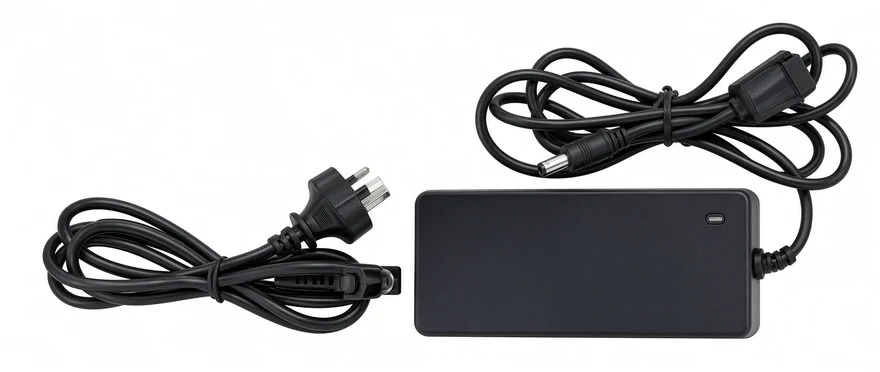 Mains power adapter with its barrel connector and a separate mains lead