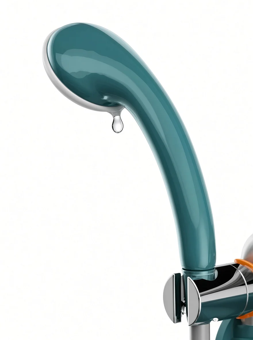 Multi-function shower head on its handle, teal handle with a chrome face and a flow switch