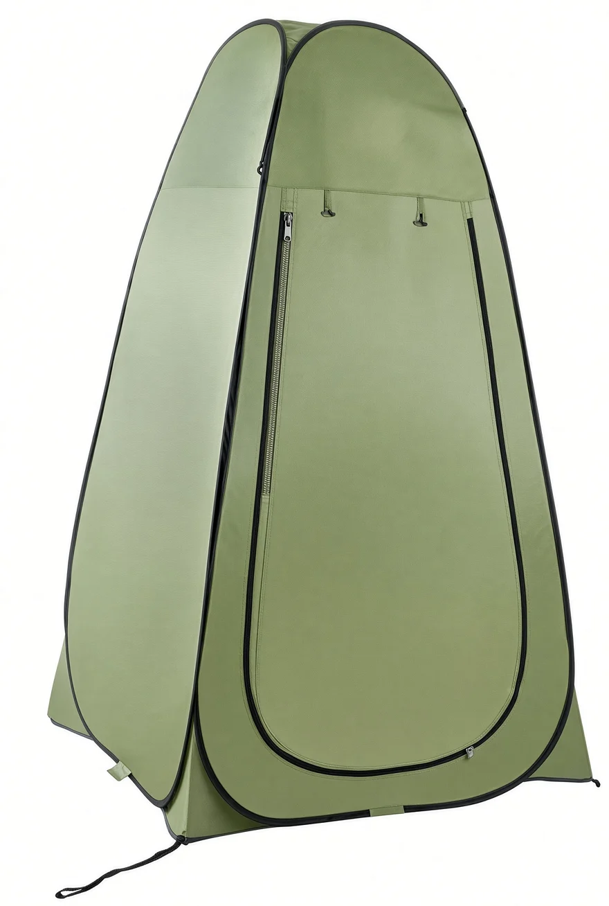 Pop-up shower tent, a green cubicle with a zip door and a peg-down foot