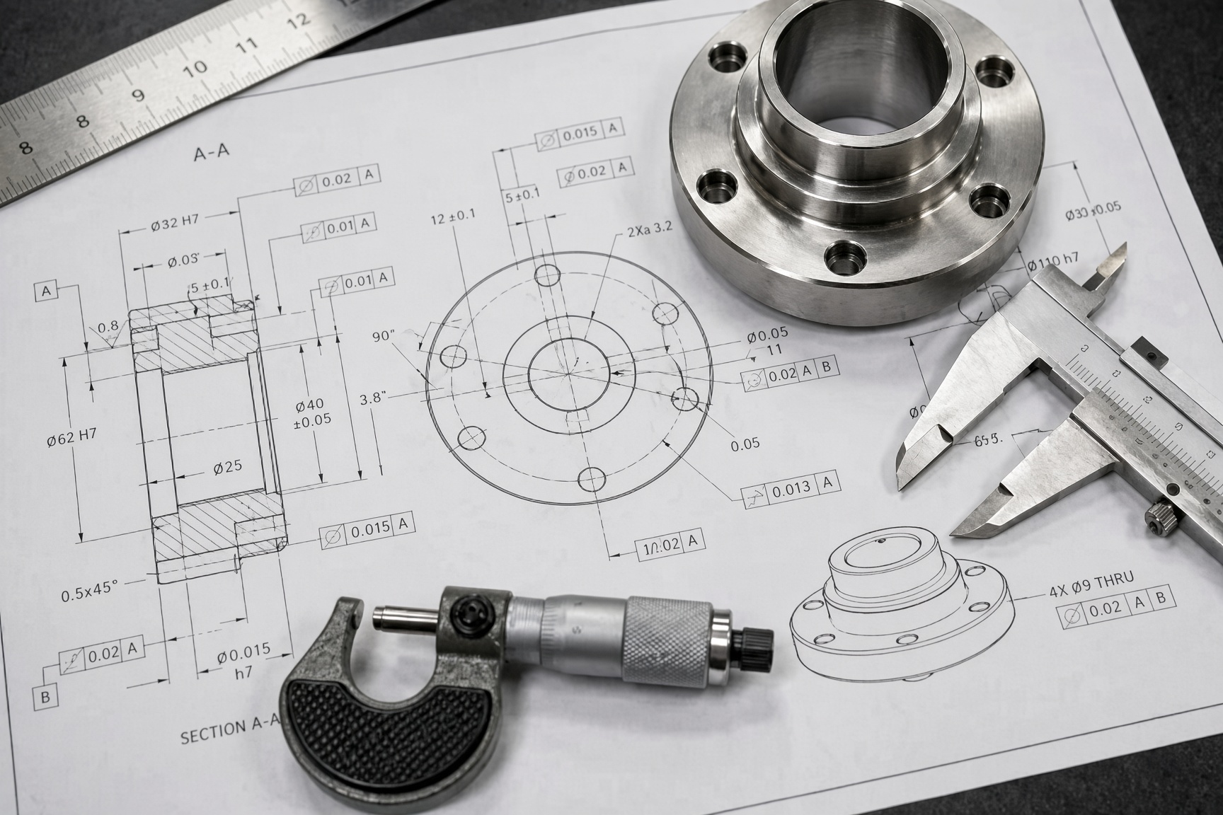 Gulfstone engineer checking tooling and component tolerances against a manufacturing specification