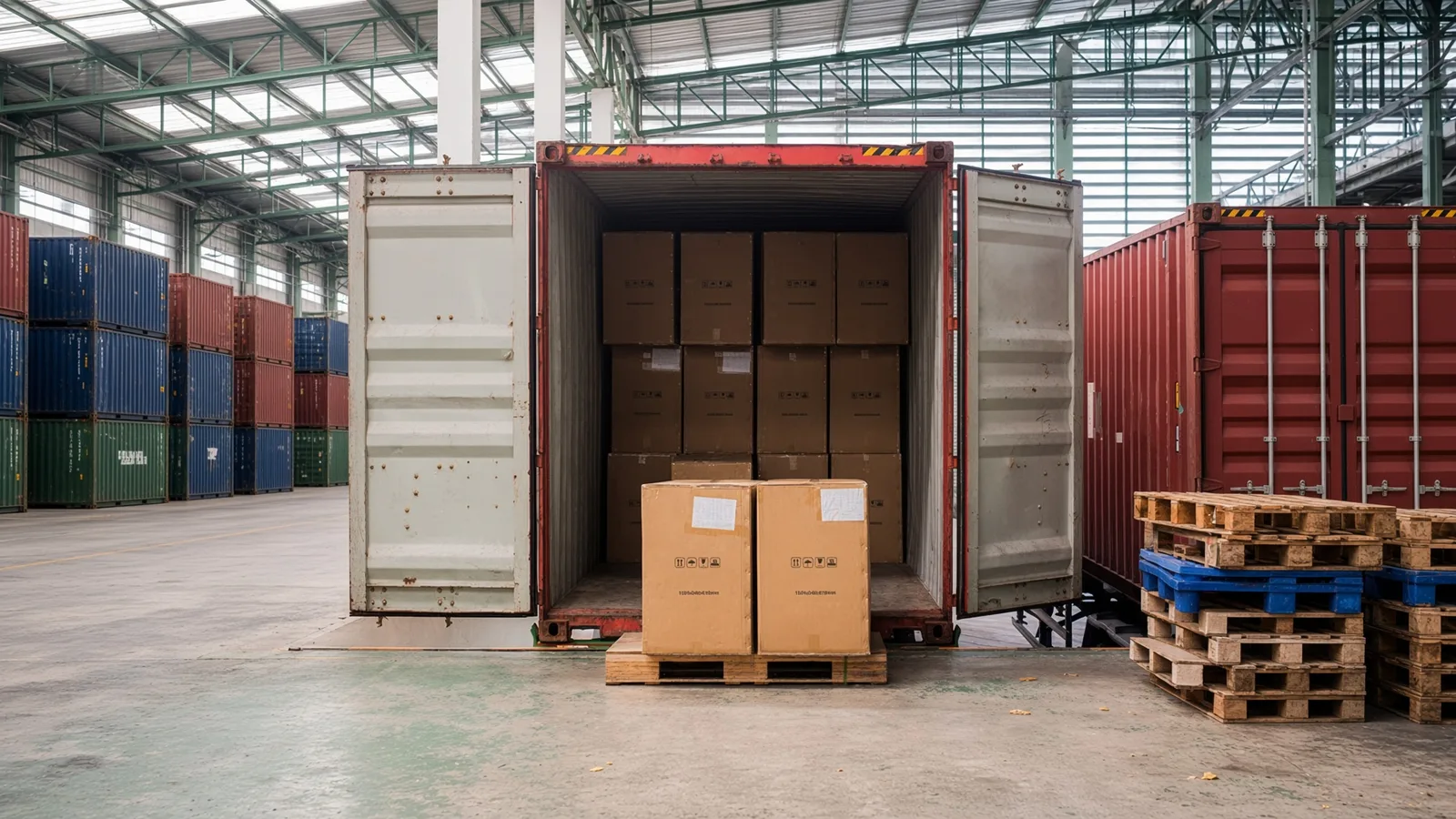 Cartons stacked inside an open shipping container with pallets alongside