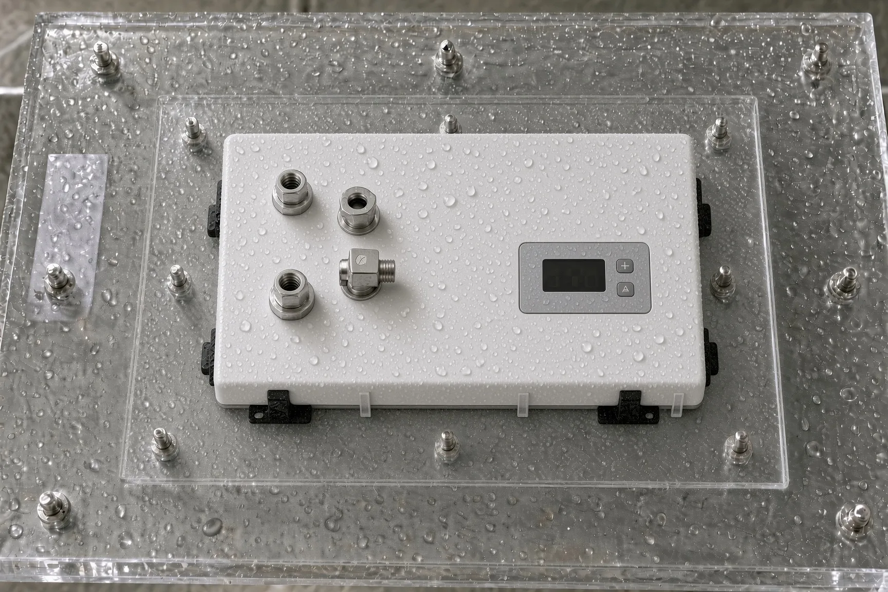 Splash-rated enclosure of a Gulfstone portable water heater in outdoor use