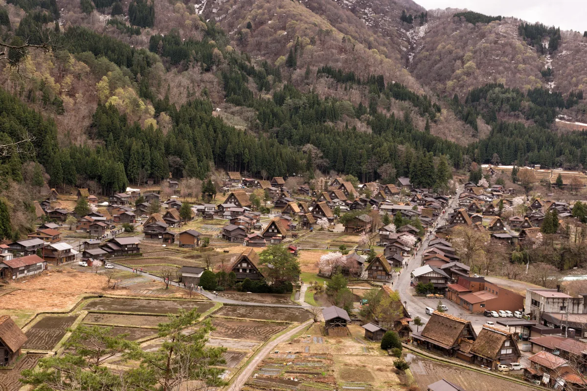 A rural farming village spread across a wooded hillside