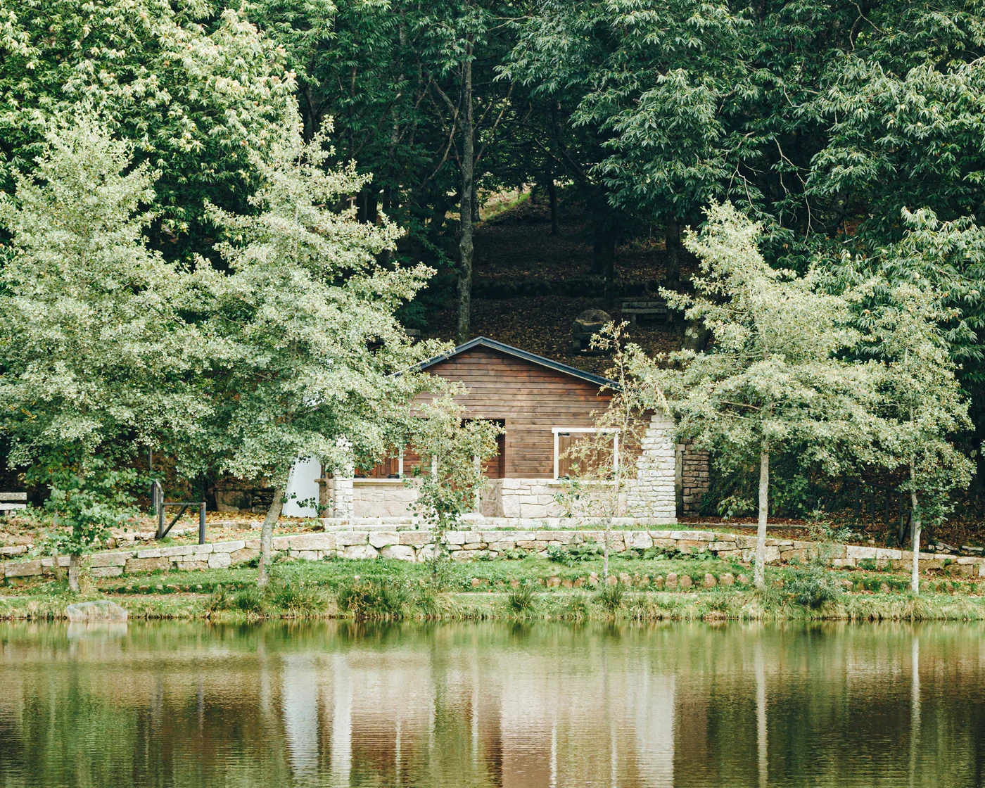 A timber cabin standing on the bank of a wooded lake, the kind of building this platform is specified for
