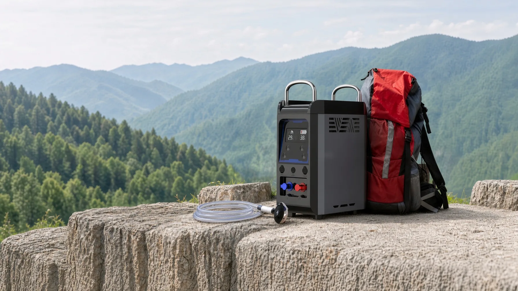 Gulfstone portable gas water heater and a loaded pack on a summit rock, the off-grid use the line is built for
