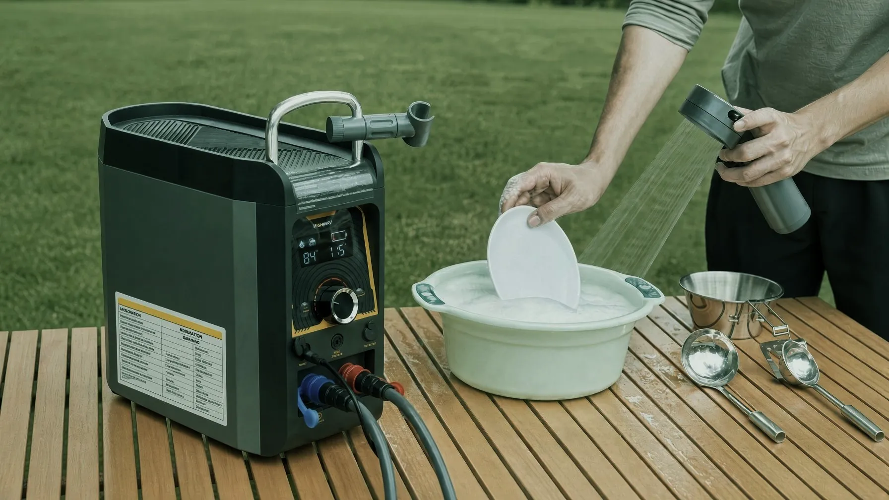 Gulfstone portable gas water heater heating water for washing up outdoors