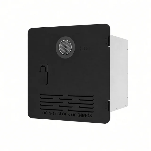 Black Gulfstone tankless RV water heater with front door closed and access latch