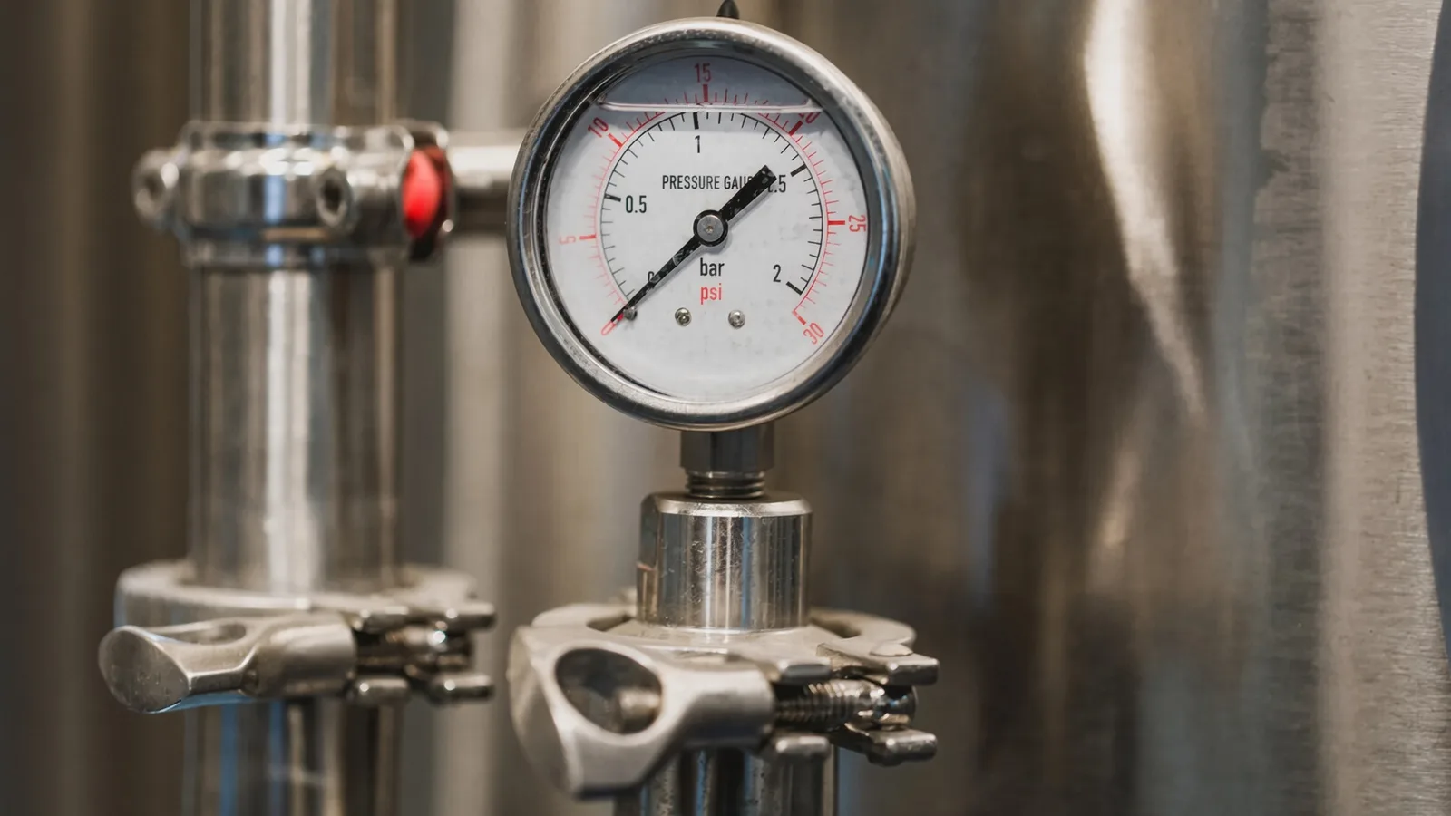 A pressure gauge reading on a stainless test panel, with a needle valve and clamp fittings behind it