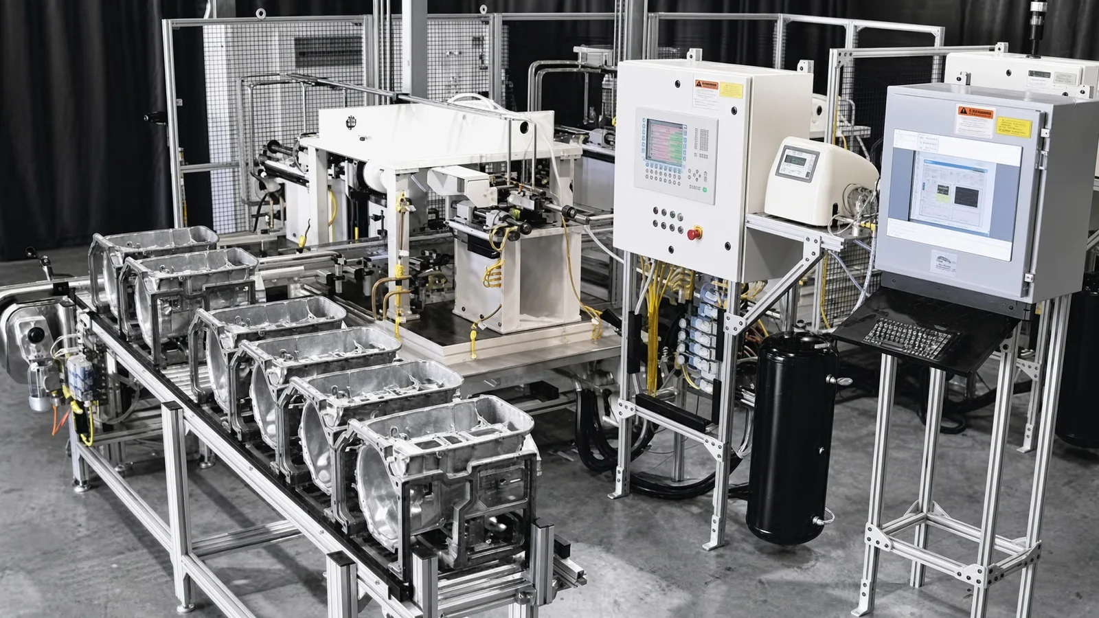 An automated in-line test station: machined aluminium parts advancing along a rail into a pneumatic test fixture, beside a control cabinet with gauges and two screens showing test readouts